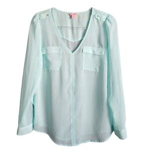 Candies Sheer Blouse Blue White Beachy Chevron Pattern Sz Large